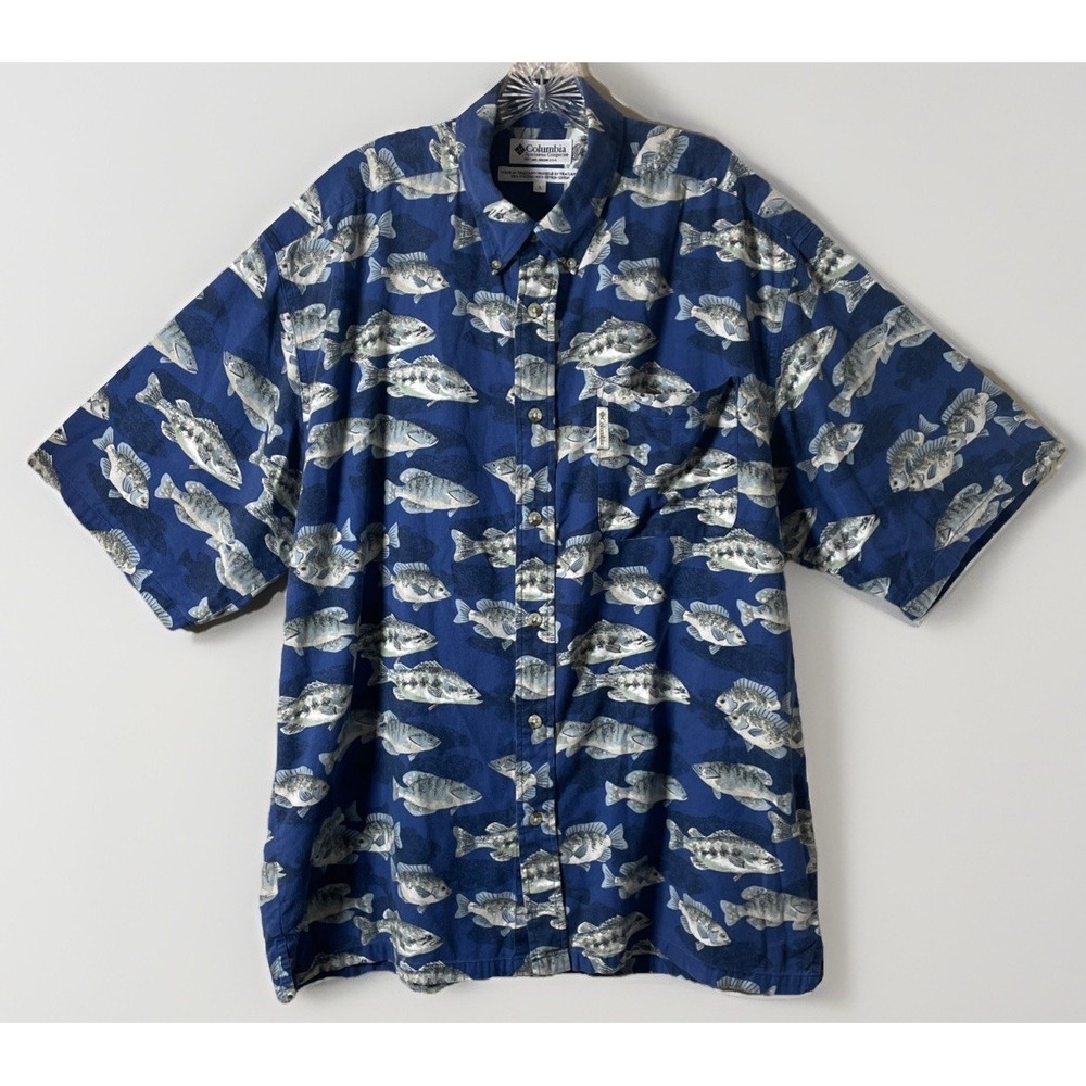 Vintage Columbia Mens L All Over Fish Print Blue Camp Button Shirt Hawaiian